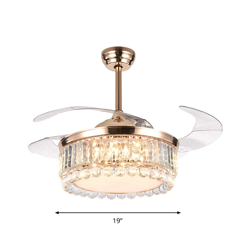 Drum Hanging Fan Lighting Contemporary Crystal Block and Orbs 19" W LED Parlor Semi Flush Mount in Gold, 4 Blades