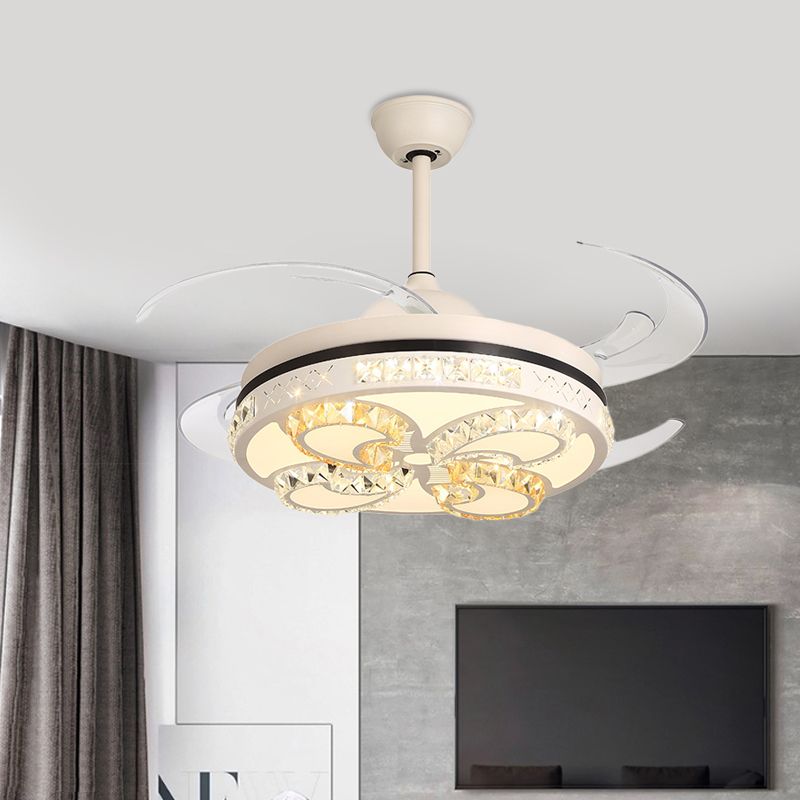 Modernism Round Ceiling Fan Lighting 42" Width LED Acrylic Semi Flush Mount Light in Cream with Crystal Accent, 4 Clear Blades