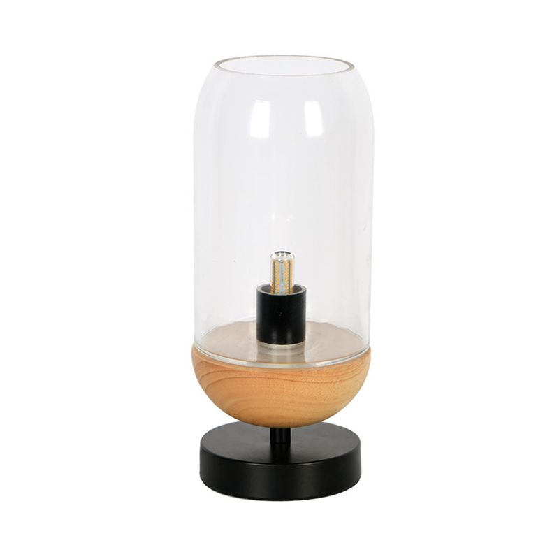 Modern LED Table Lighting Black and Wood Cylinder Small Desk Lamp with Clear Glass Shade