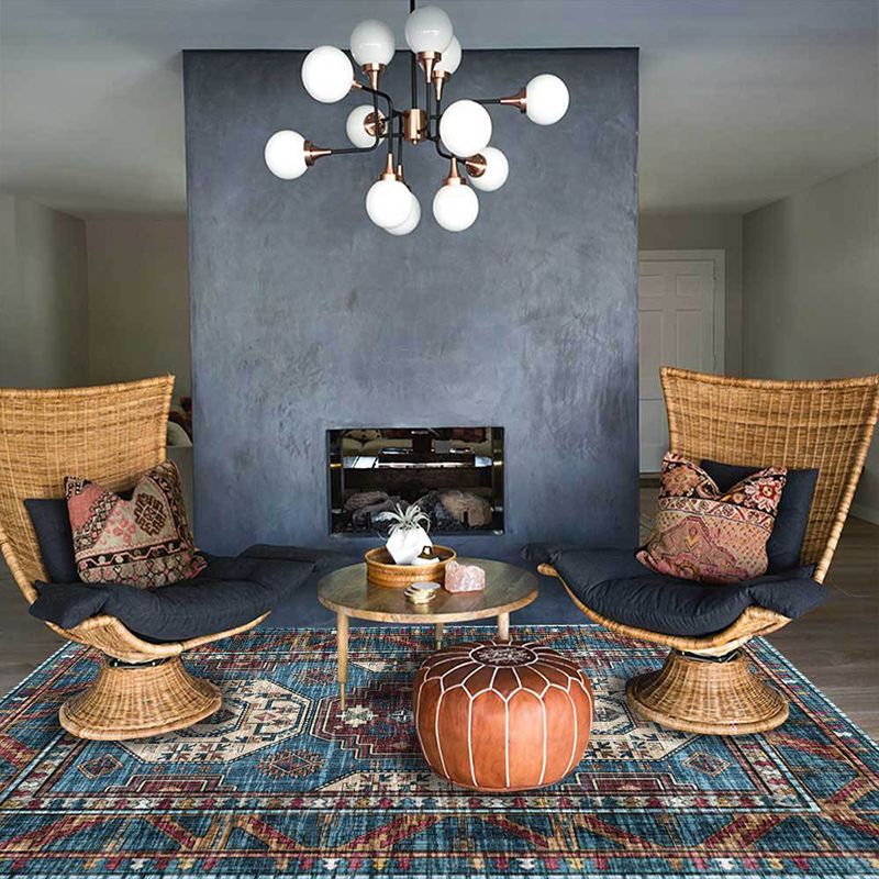 Moroccan Medallion Pattern Rug Blue Polyester Rug Machine Washable Non-Slip Area Rug for Living Room