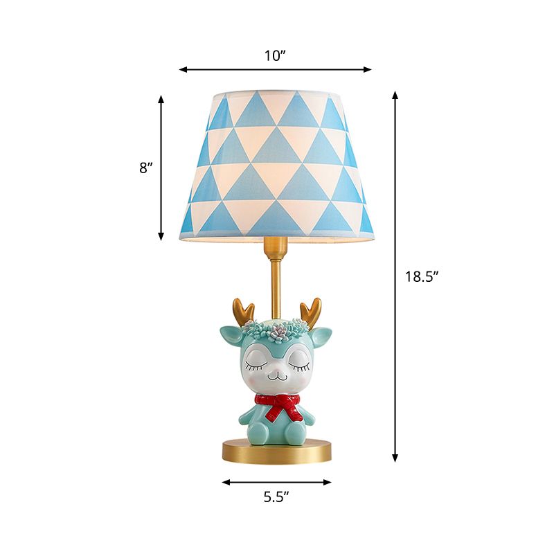 Fabric Tapered Drum Table Lighting Kids 1-Light Bedside Nightstand Lamp with Resin Deer