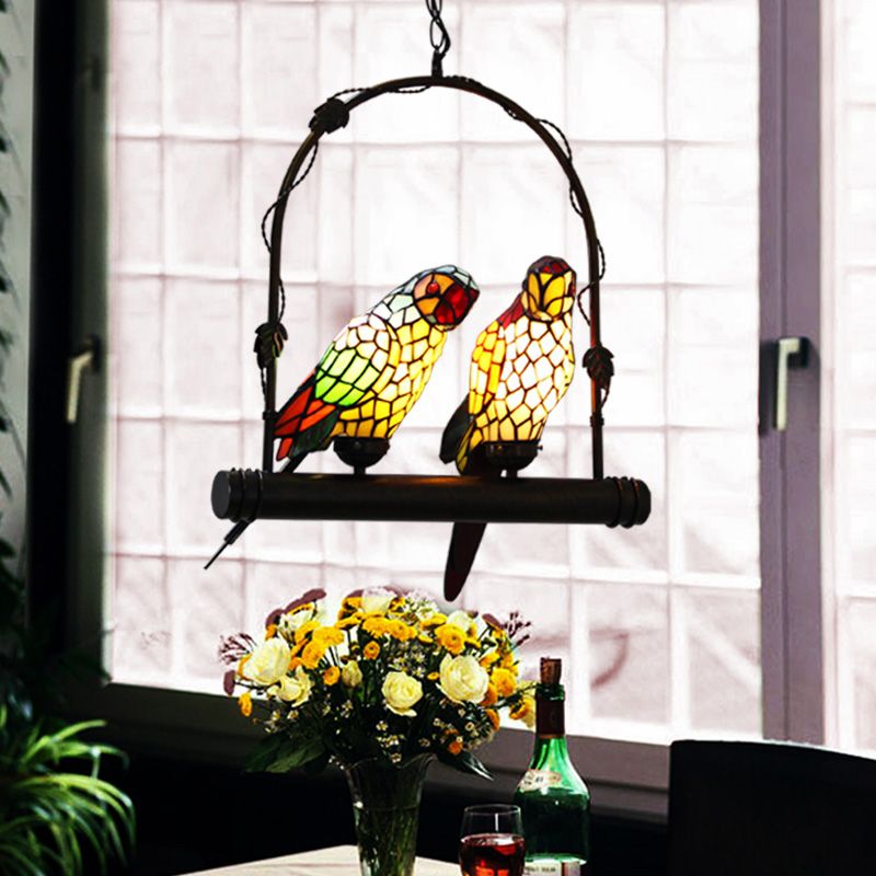 Wrought Iron Pendant Light in Tiffany Artistic Style Parrot Glass Ceiling Light for Corridor