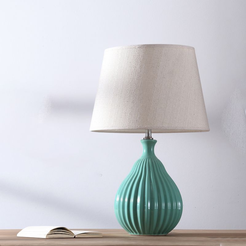 White/Green Teardrop Night Light Minimalist 1 Light Ceramic Nightstand Lamp with Cone Fabric Shade