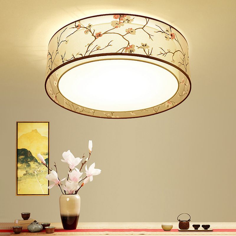 3-Light Drum Ceiling Lamp Rustic White Fabric Flush Mount Fixture with Plum Print Shade