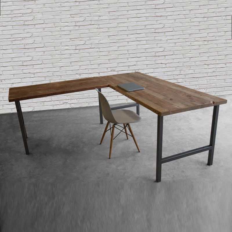 Brown and Black Writing Desk Industrial H-Shape Office Desk Pine