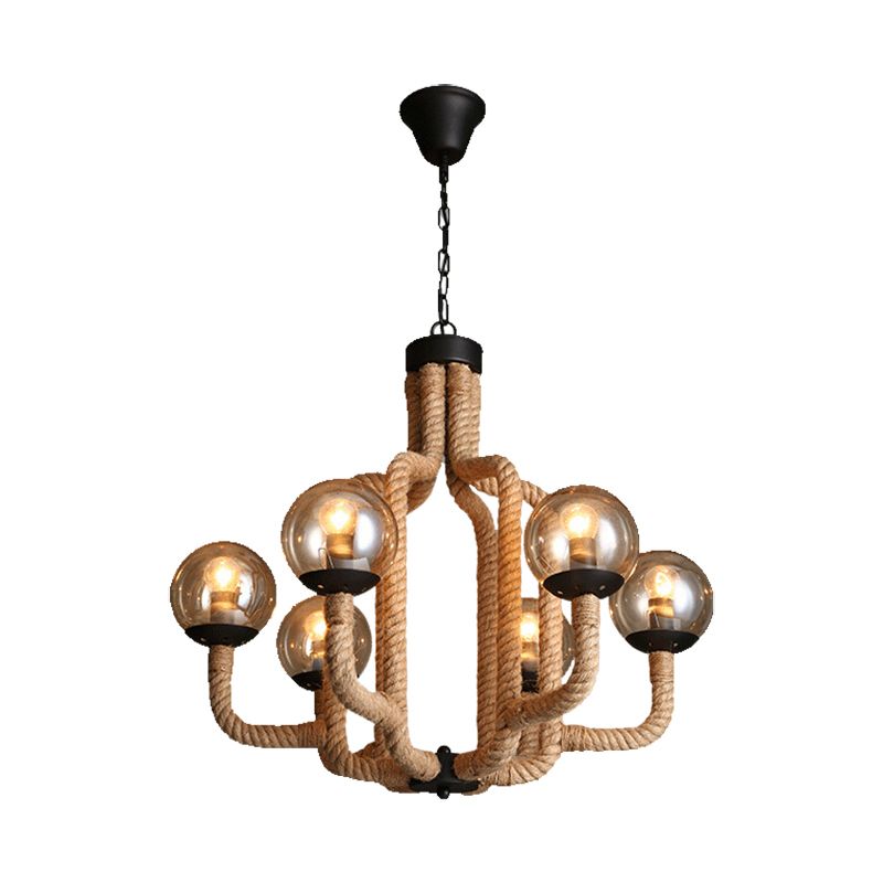 Globe Living Room Pendant Chandelier Industrial Rope 6 Lights Beige Hanging Fixture with Glass Shade