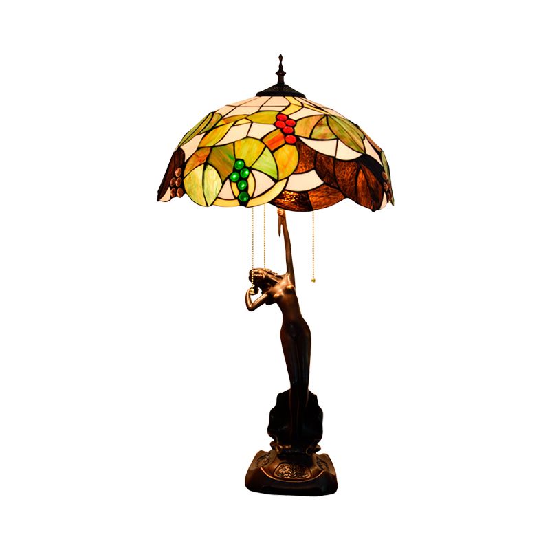 Coffee 3-Light Table Lamp Tiffany Stained Art Glass Grapes Nightstand Light with On Off Pull Chain