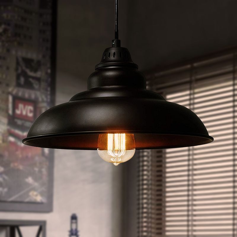 Bowl Dining Room Suspension Lamp Metal 1 Light Industrial Style Hanging Pendant Light in Black