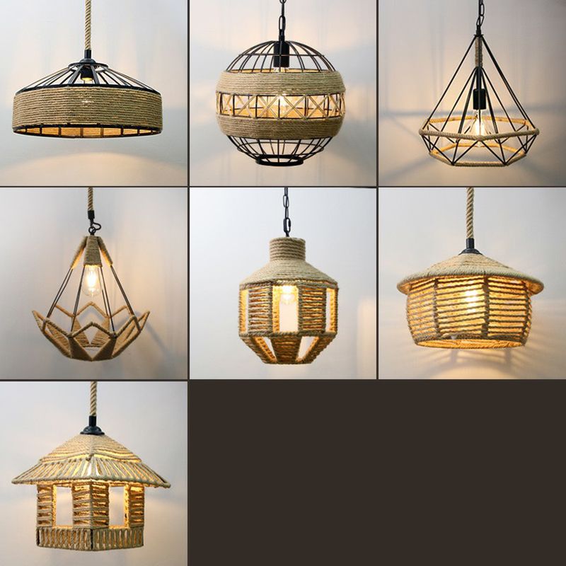 Hand-Wrapped Rope Caged Pendant Light Country Style 1 Bulb Restaurant Ceiling Lamp in Light Brown