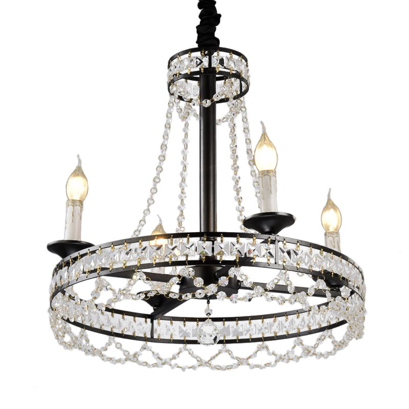 Retro Circular Hanging Chandelier Crystal 4/6/8 Lights Suspension Light in Black