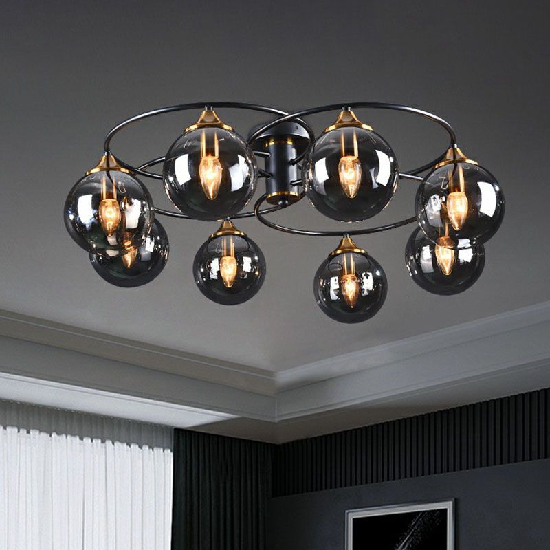 Ball Semi Flush Chandelier Post-Modern Glass Black Ceiling Mount Light for Living Room