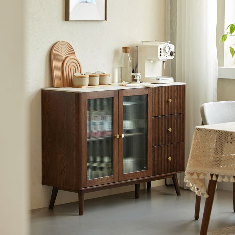 Cherry Wood Sideboard Modern Stone Top with Glass Door in Espresso