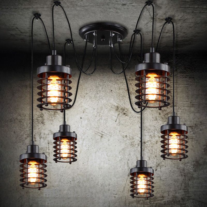 Factory Lantern Swag Pendant Light 6 Heads Metal Multi Hanging Light in Black for Living Room