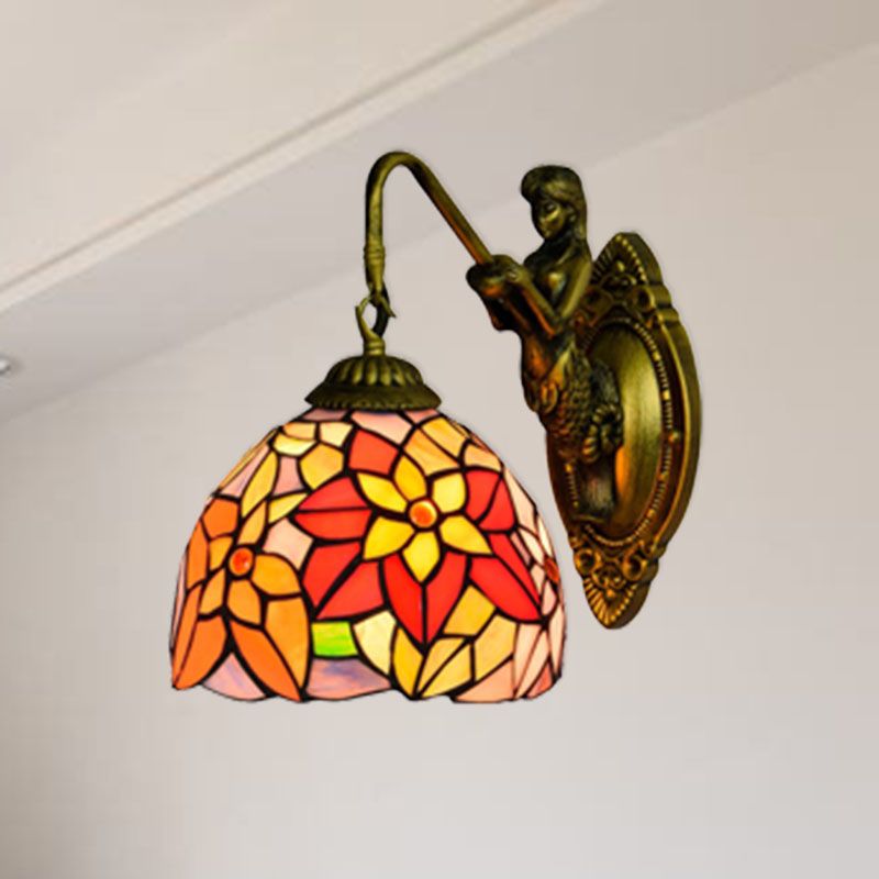 Orange Red Flower Wall Light Fixture Tiffany 1 Head Multicolor Stained Glass Sconce Light