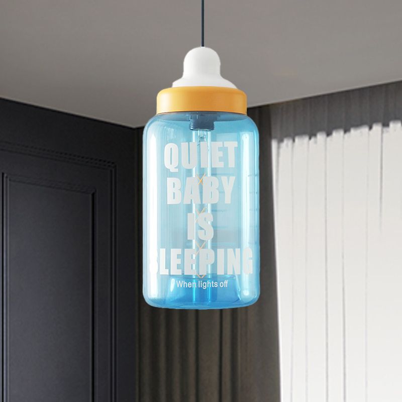 Kids Style Milk Bottle Drop Pendant Blue Glass 1-Head Baby Room Hanging Ceiling Light