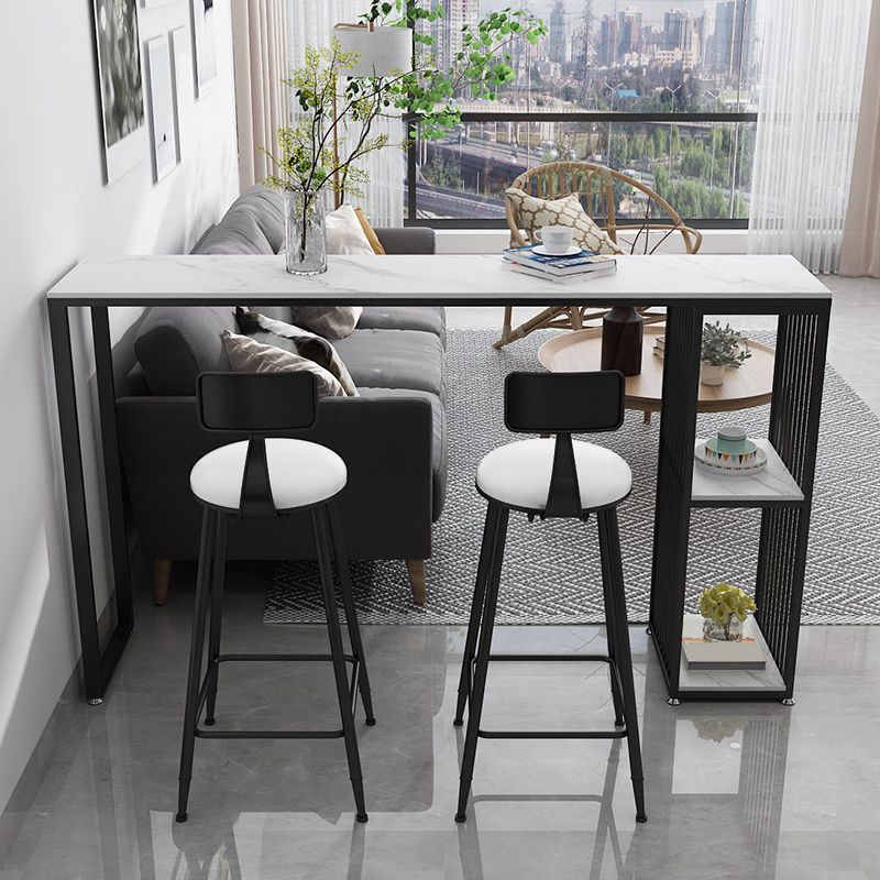 Modern Iron Bar Dining Table White Stone Top Rectangle Indoor Bistro Table with Shelf