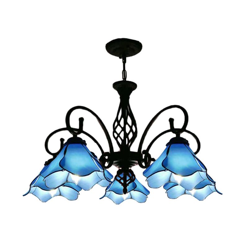 Petal Chandelier Lighting Fixture Tiffany Pink/Blue Glass 5/8 Lights Black Ceiling Pendant Light for Bedroom