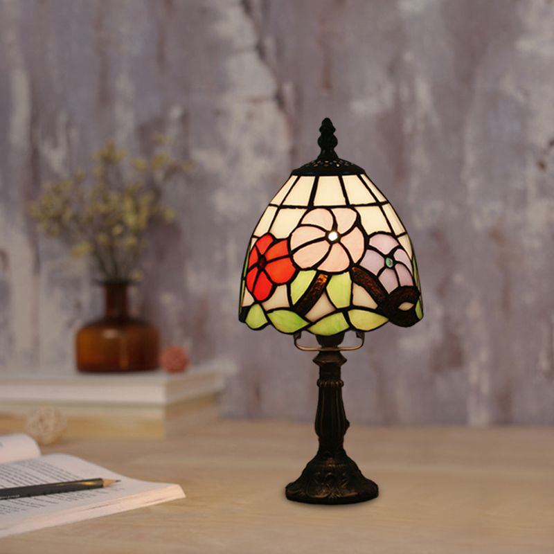 Dome Shape Nightstand Lighting 1-Light Stained Glass Baroque Style Blossom Patterned Table Lamp in Red/Pink/Orange