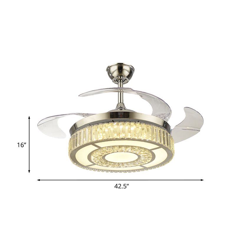 4-Blade Round Crystal Flush Ceiling Fan Minimalist Living Room 42.5" W LED Semi Flush Light in Silver