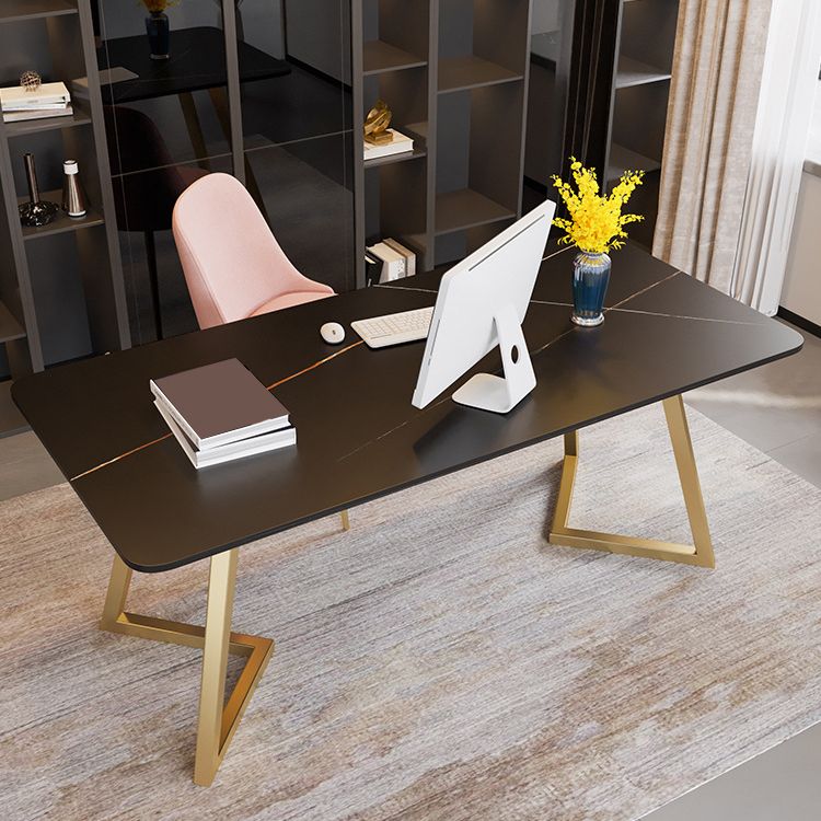 Curved Glam Office Desk Stone and Metal Writing Desk in Black and White