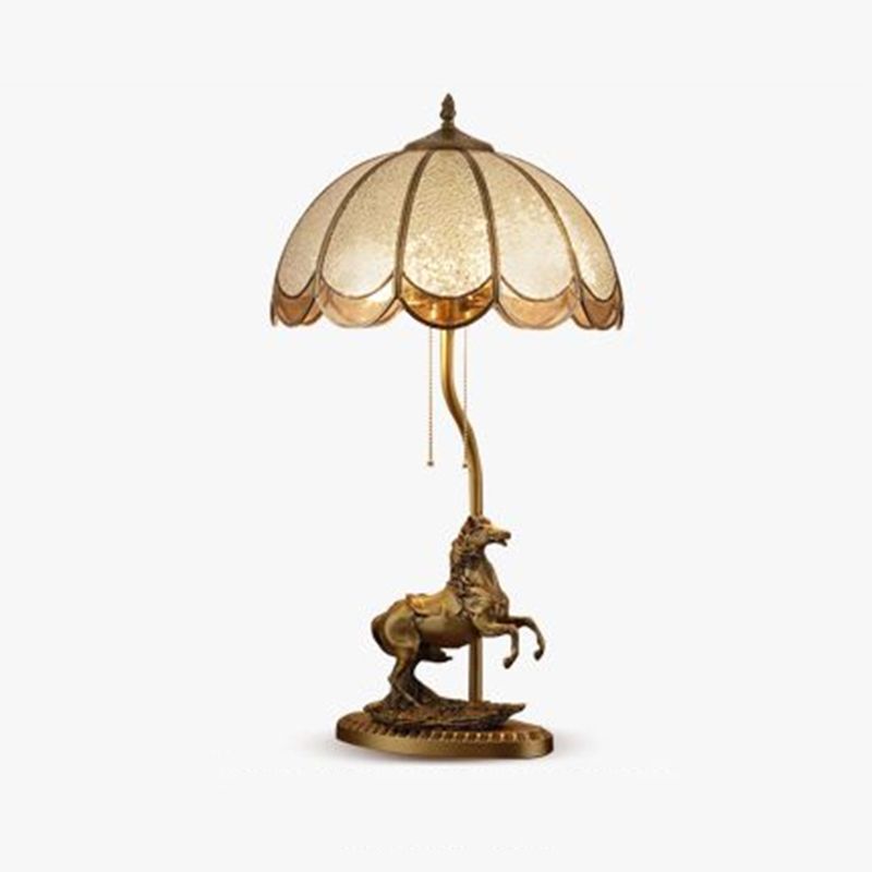 Brass 2-Light Table Light Vintage Water Glass Scalloped Night Lamp with Pull Chain and Horse Deco