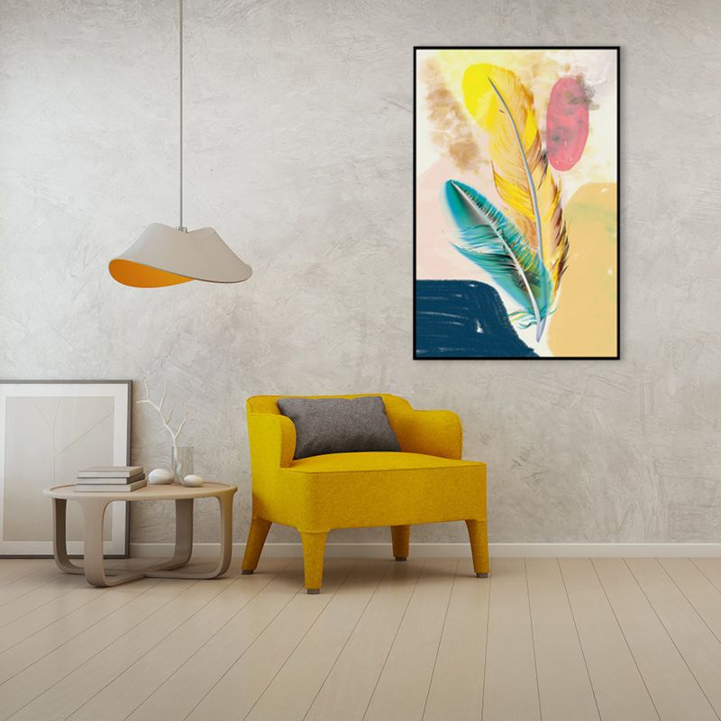 Illustration Nordic Canvas Wall Art with Feather Pattern in Yellow, Multiple Size Options