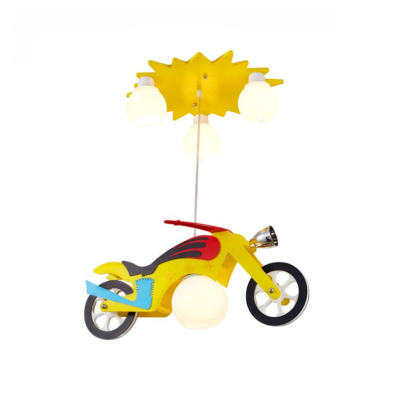 Kids 4 Lights Cluster Pendant Lamp Yellow Motorbike Ceiling Hang Fixture with White Glass Shade