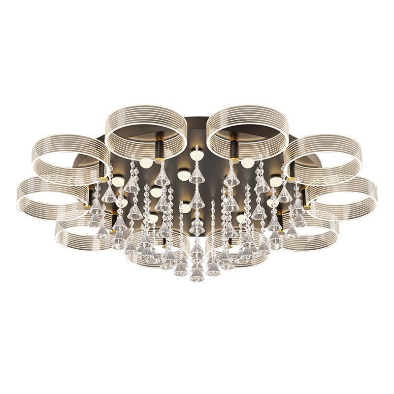 Acrylic Round Semi Mount Lighting Modern Black-Gold LED Ceiling Light with Flower Design