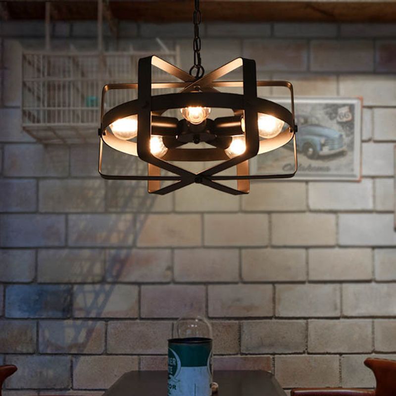 Retro Loft Caged Chandelier Light Fixture 5 Lights Iron Pendant Light in Black for Dining Room