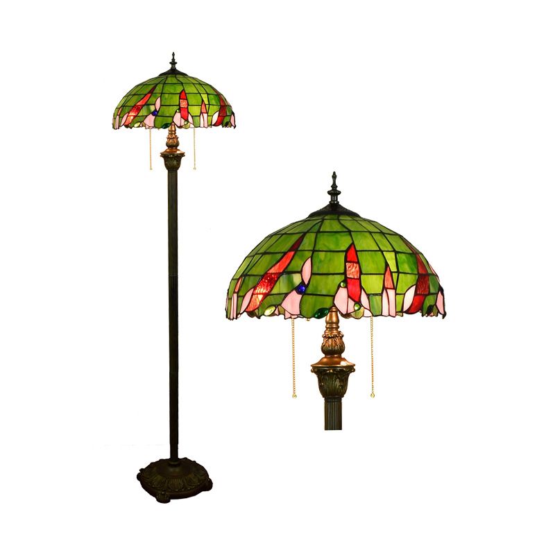 Tiffany Dome Shade Standing Light 2 Bulbs Handcrafted Glass Floor Lamp with Pull Chain