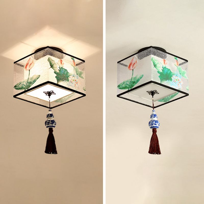 1-Light Geometric Ceiling Light in Traditional Artistic Style Fabrics Semi Flush Mount for Corridor