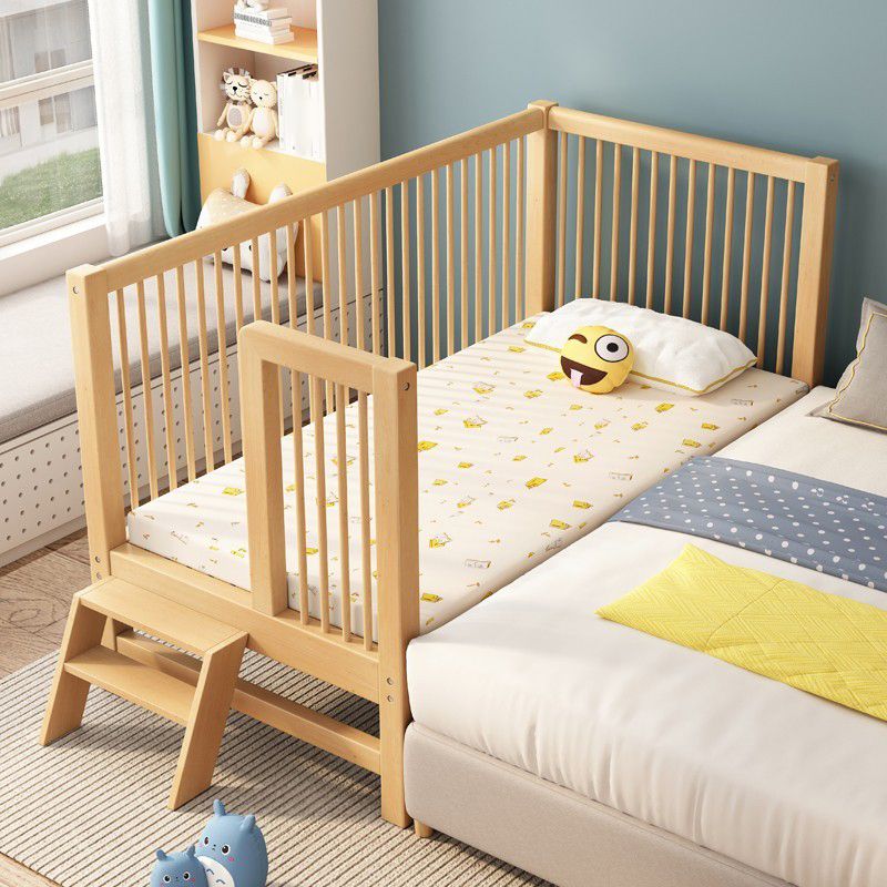 Scandinavian Wood Baby Crib with Guardrail and Mattress, Light Wood Crib