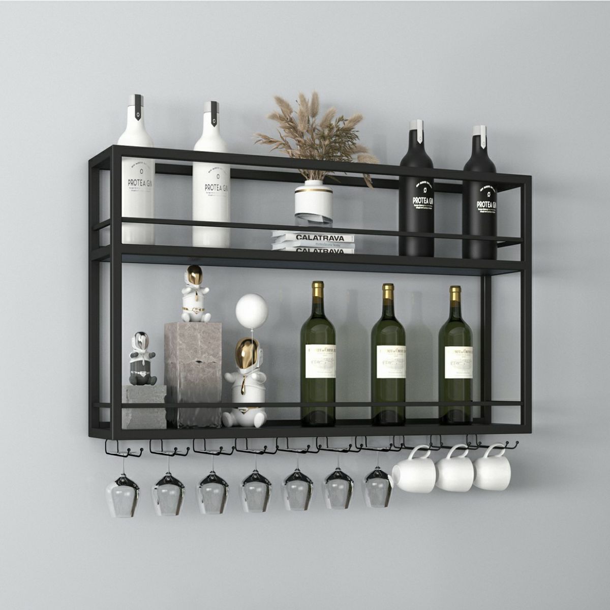 Modern Metal Wine Rack Wall Mounted Wine Bottle & Glass Rack for Living Room