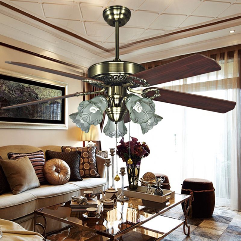 4-Blade Retro Floral Shade Ceiling Fan Light 5 Bulbs 52" W Smoke Grey Glass Semi Mount Lighting with Pull Chain