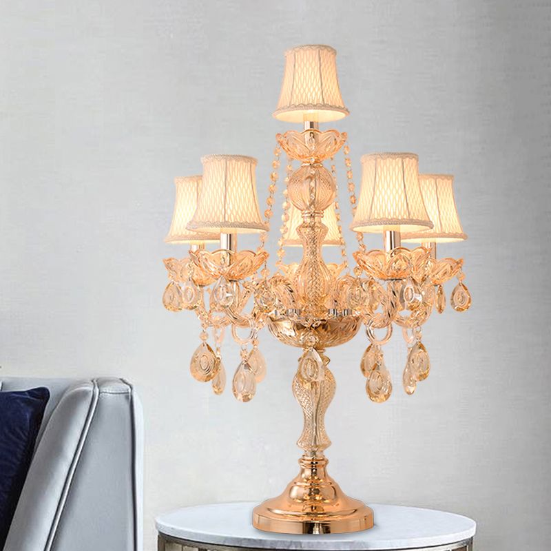 5/6 Heads Candelabra Table Light Traditional Gold Crystal Droplets Nightstand Lamp with/without White Bell Fabric Shade