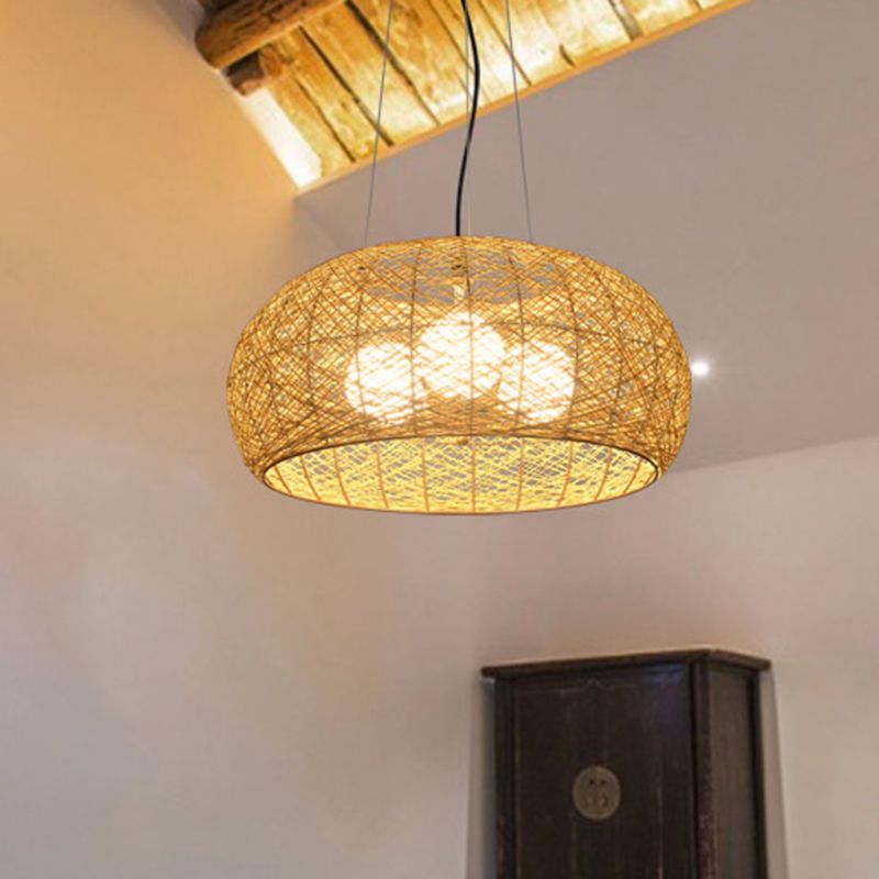 3-lights Rattan Pendant Lights Restaurant Hand Weaving Suspended Lamp in Beige with 47" Hanging Cord