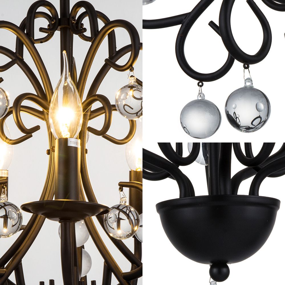 Dining Room Candle Chandelier Lamp Metal Vintage Style 5 Lights Black Suspension Light with Clear Crystal Ball