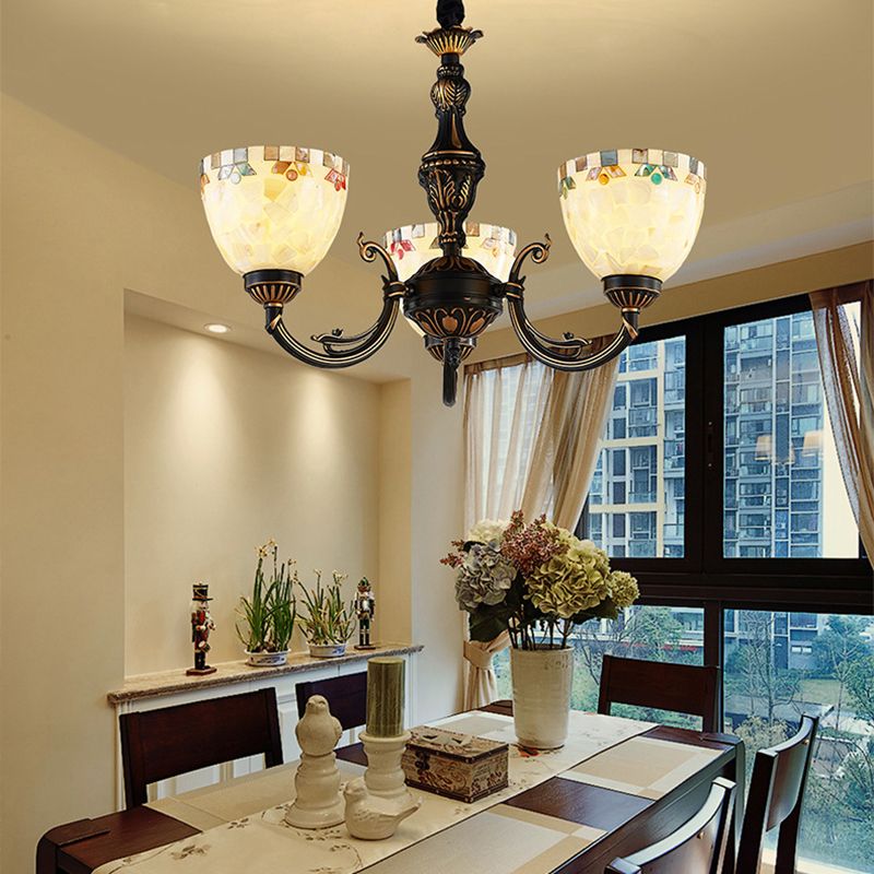 3 Lights Bowl Chandelier Light Beige Glass Traditional Pendant Lighting for Dining Room