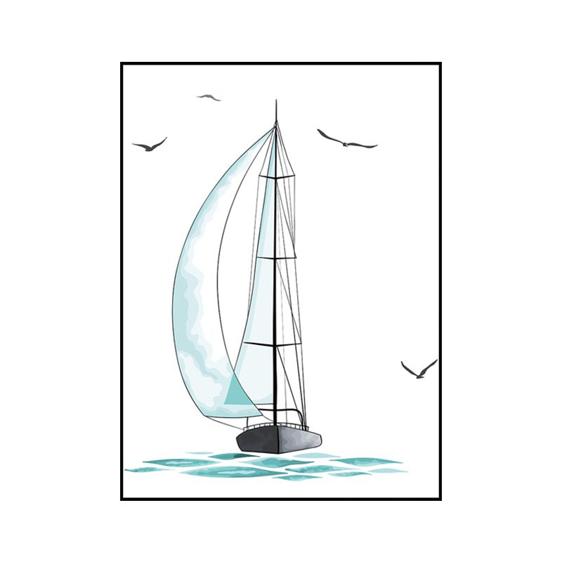 Blue Sailing Ship Drawing Canvas Textured Surface Cartoon Kindergarten Wall Art Print