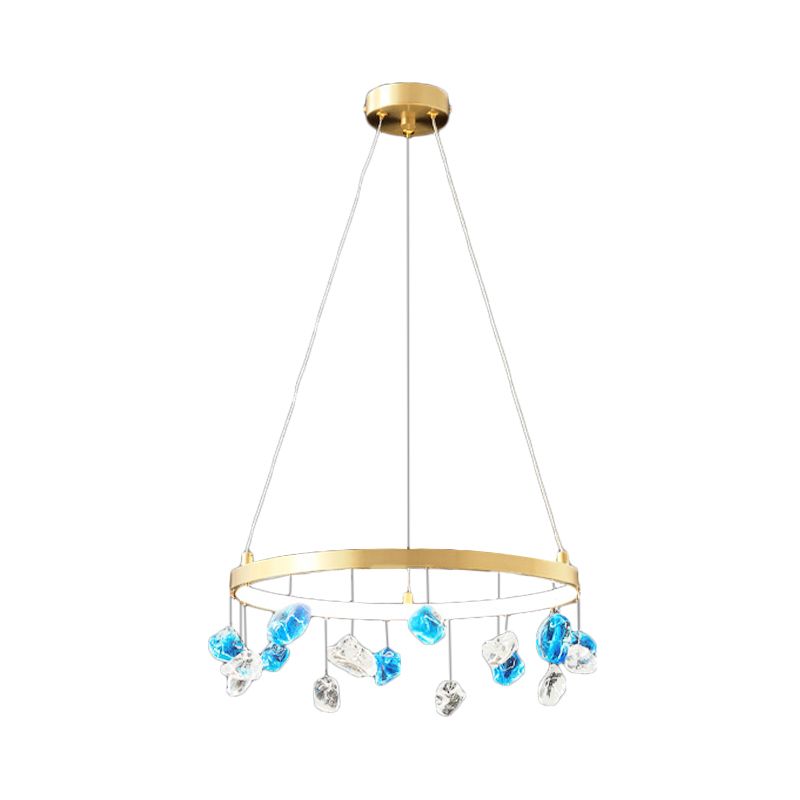 Mid Century Circle LED Chandelier Metal Lounge Pendant Lighting in Gold with Colored Gem Droplet, 16"/19.5" Wide