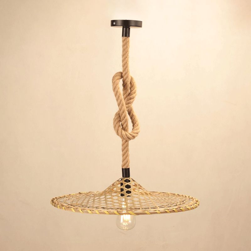 1 Bulb Flat Bamboo Hat Pendant Countryside Beige Rope Hanging Ceiling Light with Knots Design