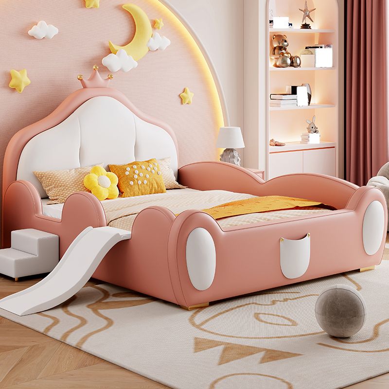 Upholstered Scandinavian Bed, Faux Leather Standard Bed with Headboard in Pink