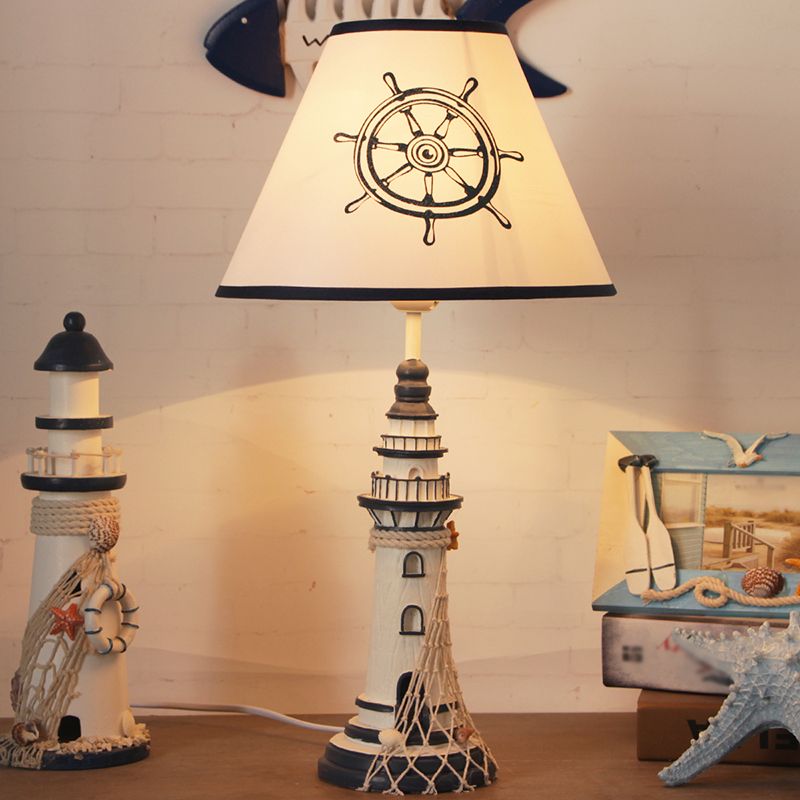 Red/Dark Blue Lighthouse Night Lamp Kids 1 Bulb Resin Table Light with Cone Fabric Shade and Remote Control/Dimmer Switch/Power Switch