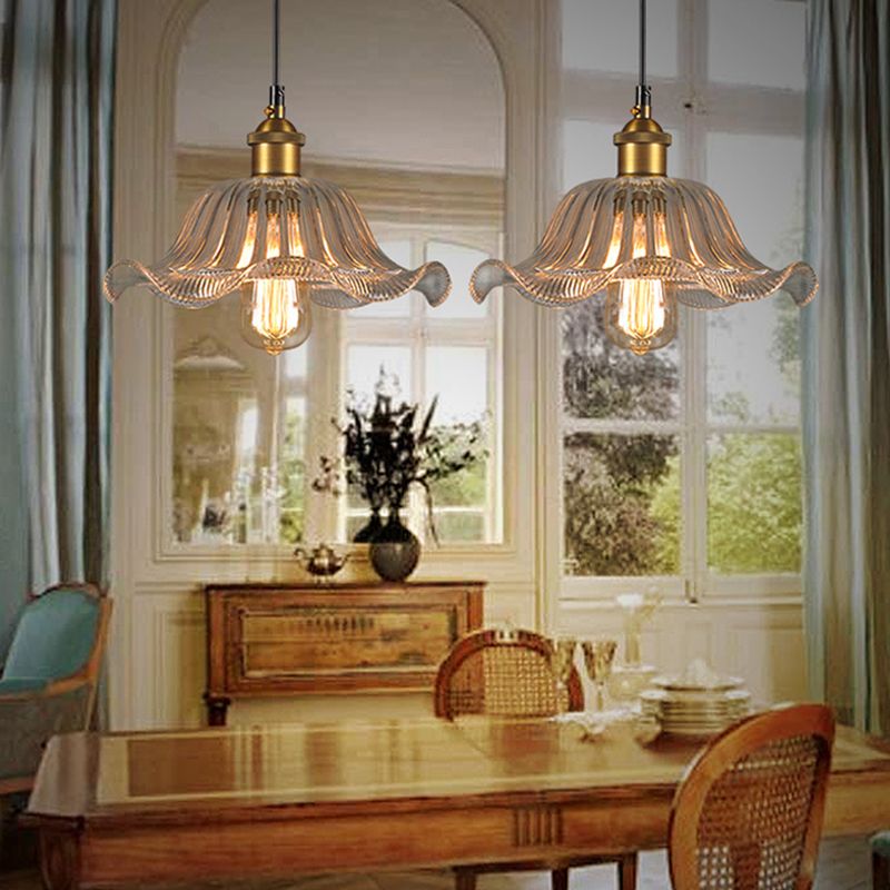 Floral Transparent Glass Suspension Light Fixture Vintage 1-Light Dining Room Hanging Lamp