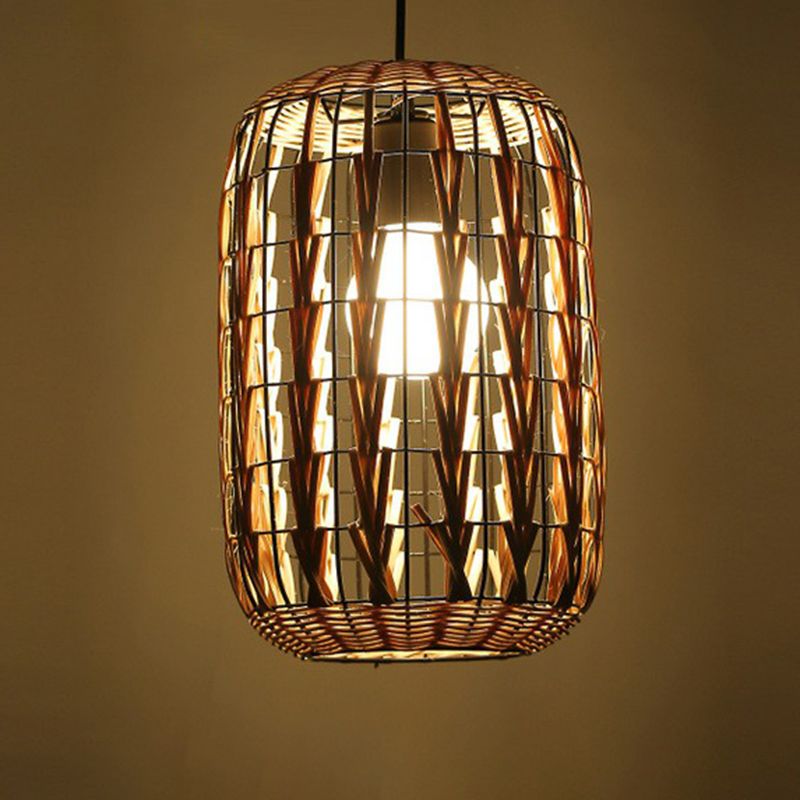 Rattan cage pendulum luce paese 1 lampadina beige appeso a soffitto per il ristorante