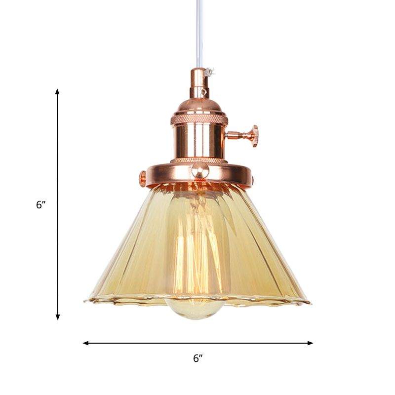 Industrial Style Conic Hanging Lamp Amber/Clear Glass 1 Light Coffee Shop Height Adjustable Pendant Lighting in Black/Bronze/Brass