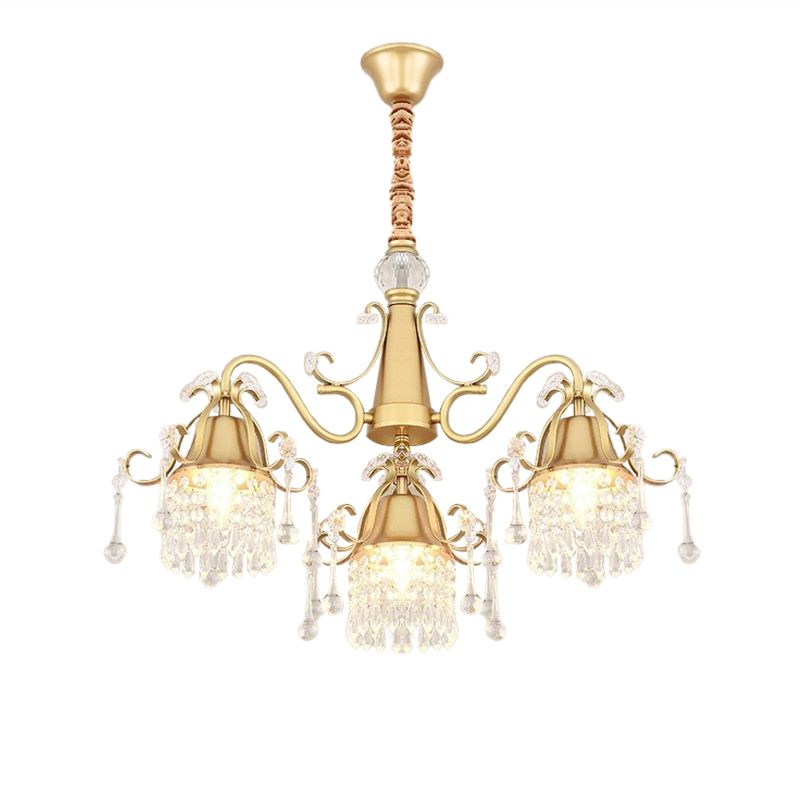 Gold 3 Heads Pendulum Lighting Post Modern Crystal Drip Cylinder Hanging Chandelier for Bedroom