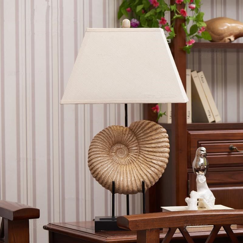 French Country Spiral Shell Night Lamp 1-Light Resin Table Lighting with Pyramid Fabric Shade in White