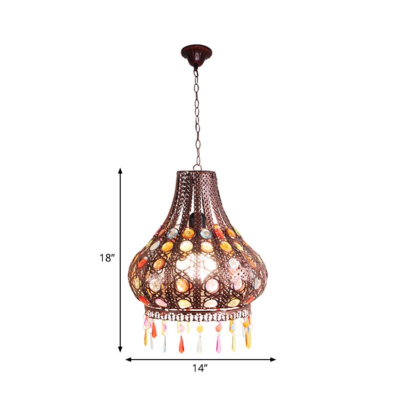 Bohémie Plafond en larme Pendant le pendentif léger métal 1 lampe suspendue à l'ampoule avec joyau décoratif en cuivre altéré