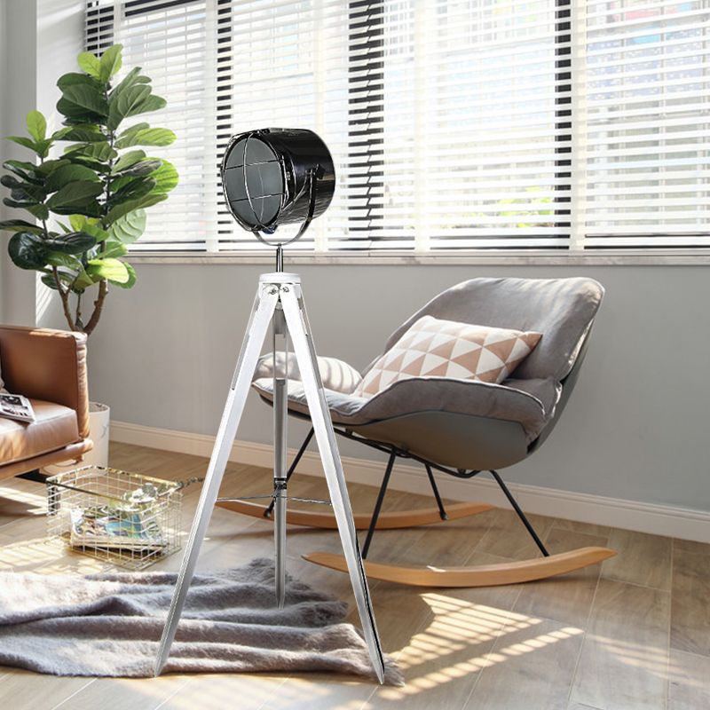 Industrial Loft Tripod Flood Spotlight 1 Light Metal and Wood Standing Floor Lamp in Black/White for Studio